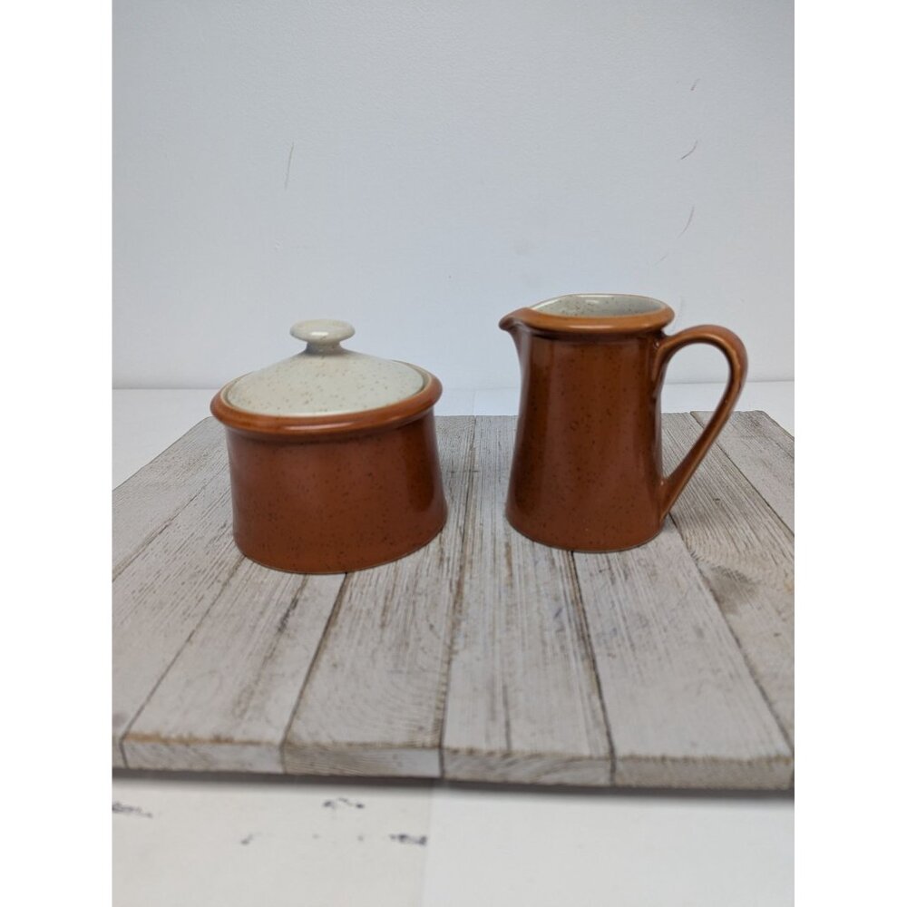 Imperial W. Dalton Stoneware Creamer Sugar w lid Set Speckled Tangerine Vintage
